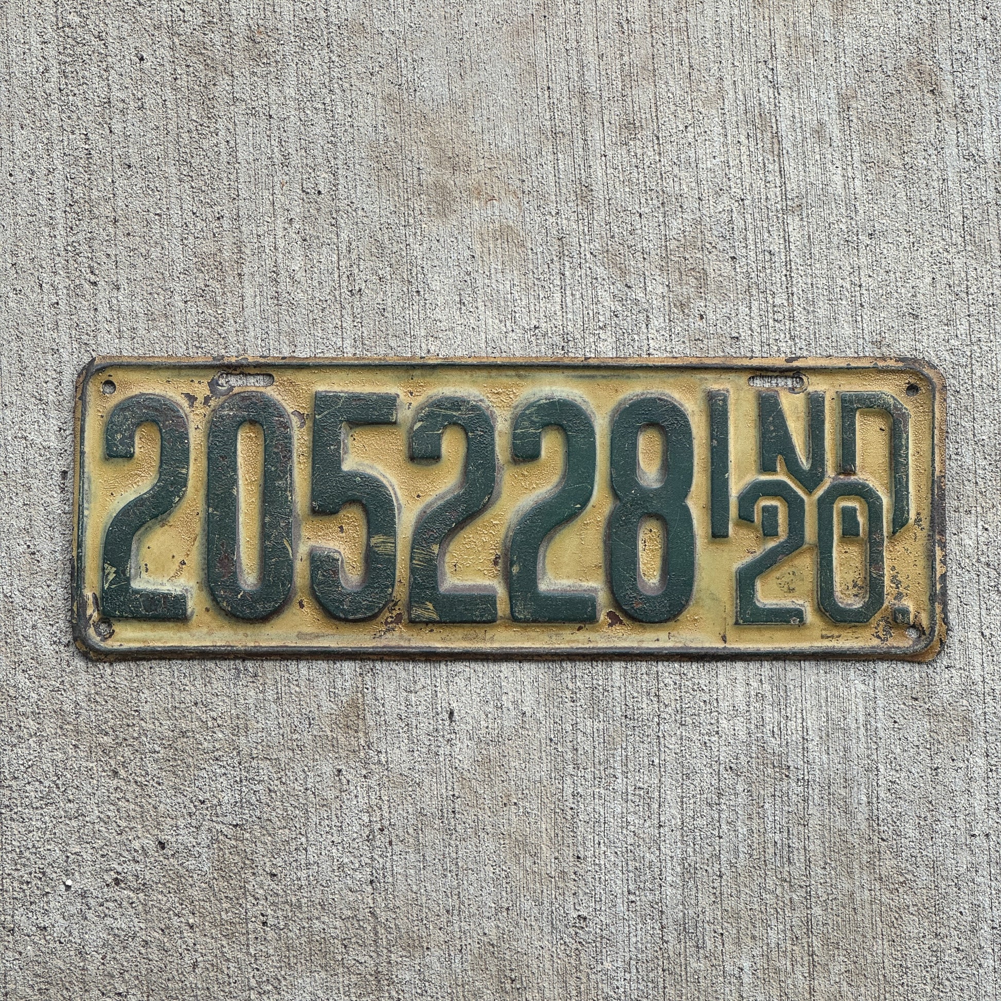 Photo of a 1920 Indiana License Plate Auto Tag Garage Decor Vintage Type 2 Round Dies 205228 with original patina