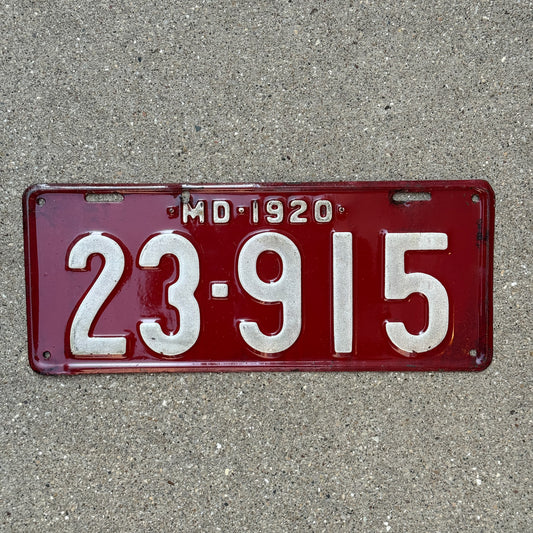 Photo of a 1920 Maryland License Plate Auto Tag Garage Decor Vintage 23 915 with original patina