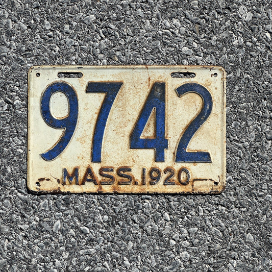 Photo of a 1920 Massachusetts License Plate Auto Tag Garage Decor Vintage Four Digit Low Number 9742