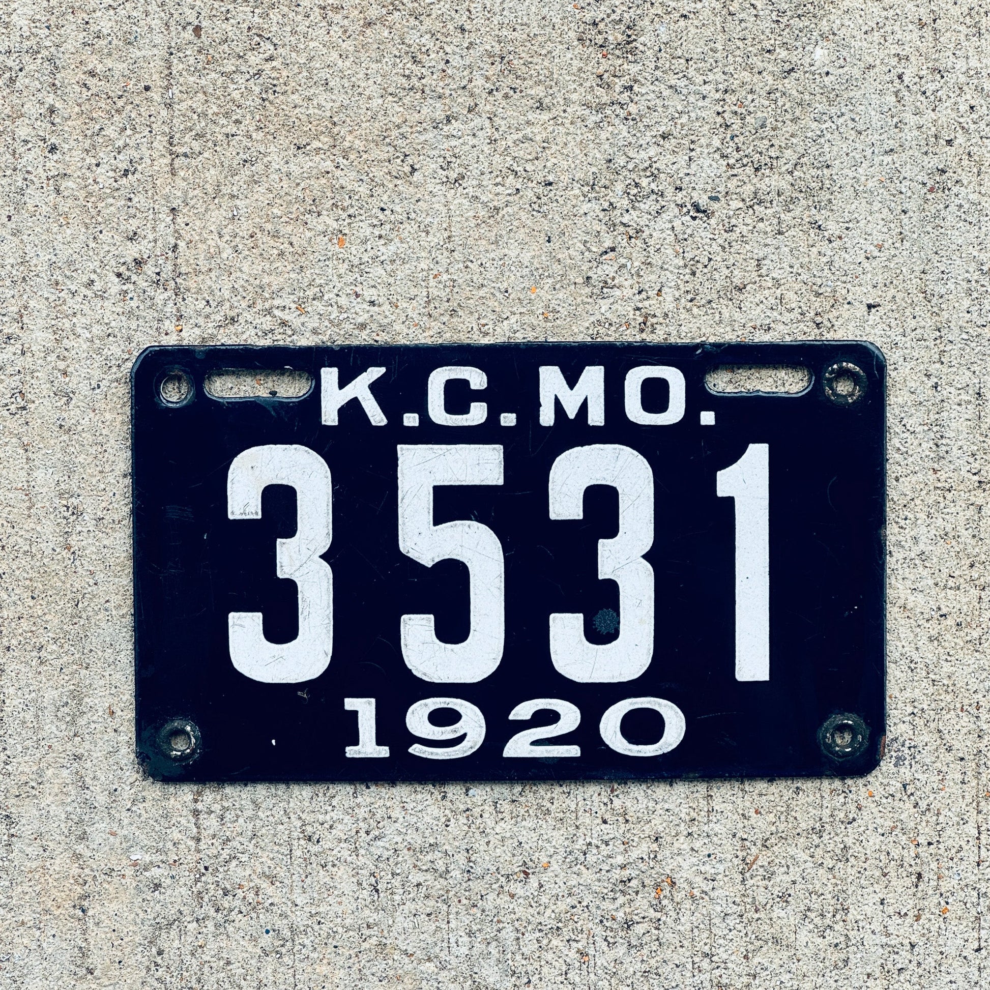 Photo of a 1920 Missouri Kansas City Porcelan License Plate Auto Tag Garage Decor Vintage High Quality 3531 with original patina