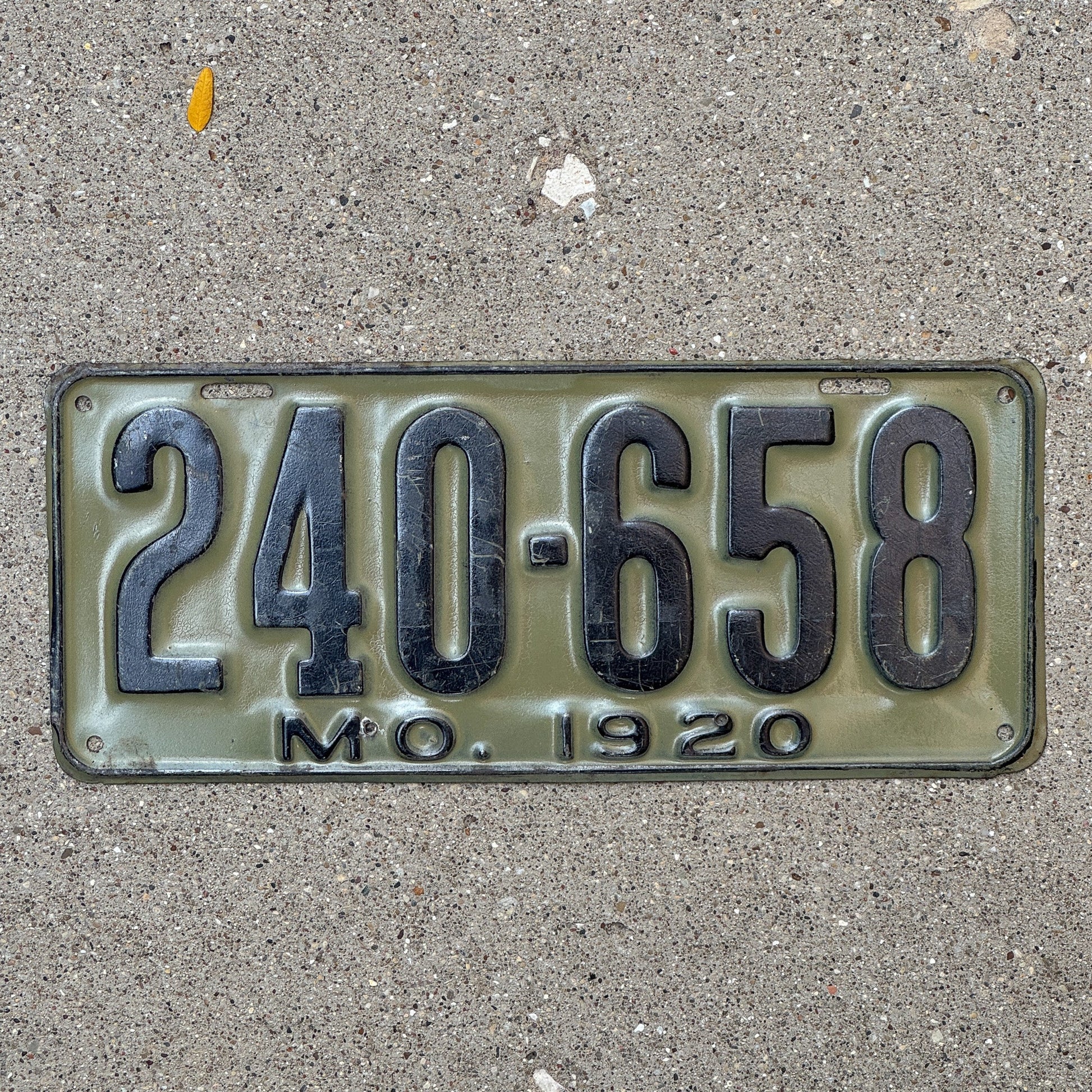 Photo of a 1920 Missouri License Plate Auto Tag Garage Decor Vintage 240 658 with original patina