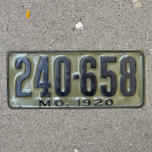 Photo of a 1920 Missouri License Plate Auto Tag Garage Decor Vintage 240 658 with original patina
