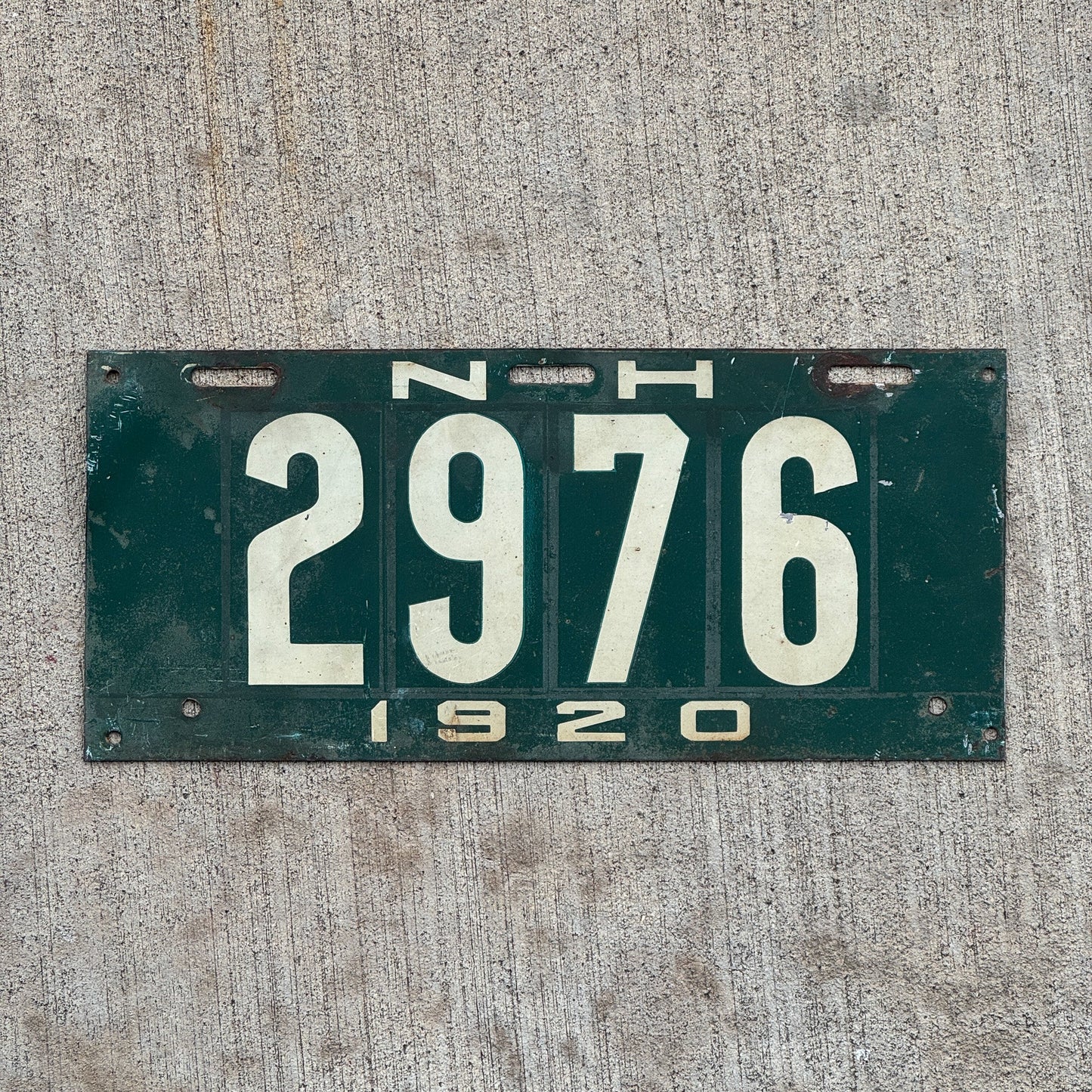Photo of a 1920 New Hampshire License Plate Auto Tag 2 Garage Decor Low Number Four Digit 2976 with original patina