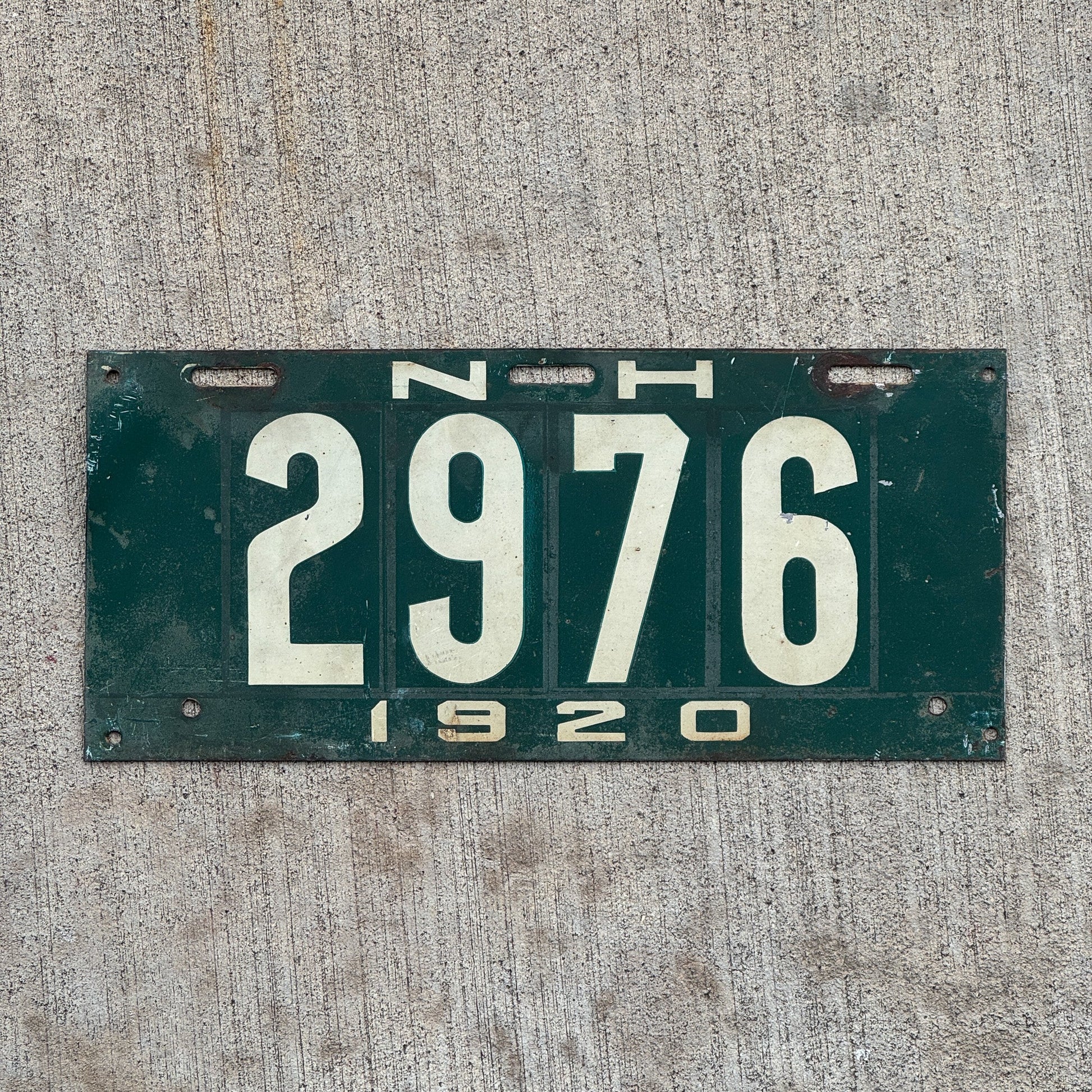 Photo of a 1920 New Hampshire License Plate Auto Tag 2 Garage Decor Low Number Four Digit 2976 with original patina