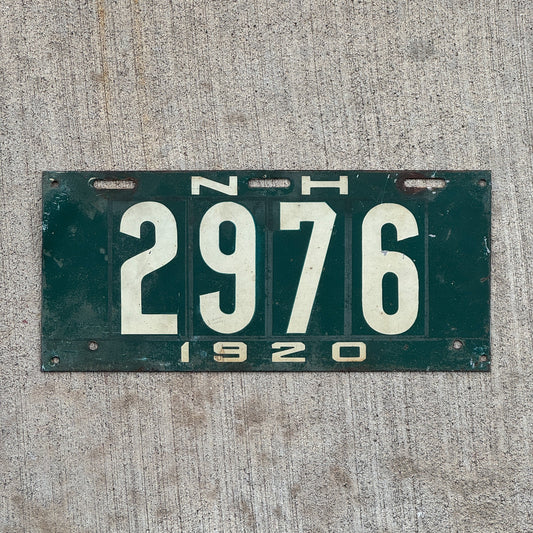 Photo of a 1920 New Hampshire License Plate Auto Tag 2 Garage Decor Low Number Four Digit 2976 with original patina