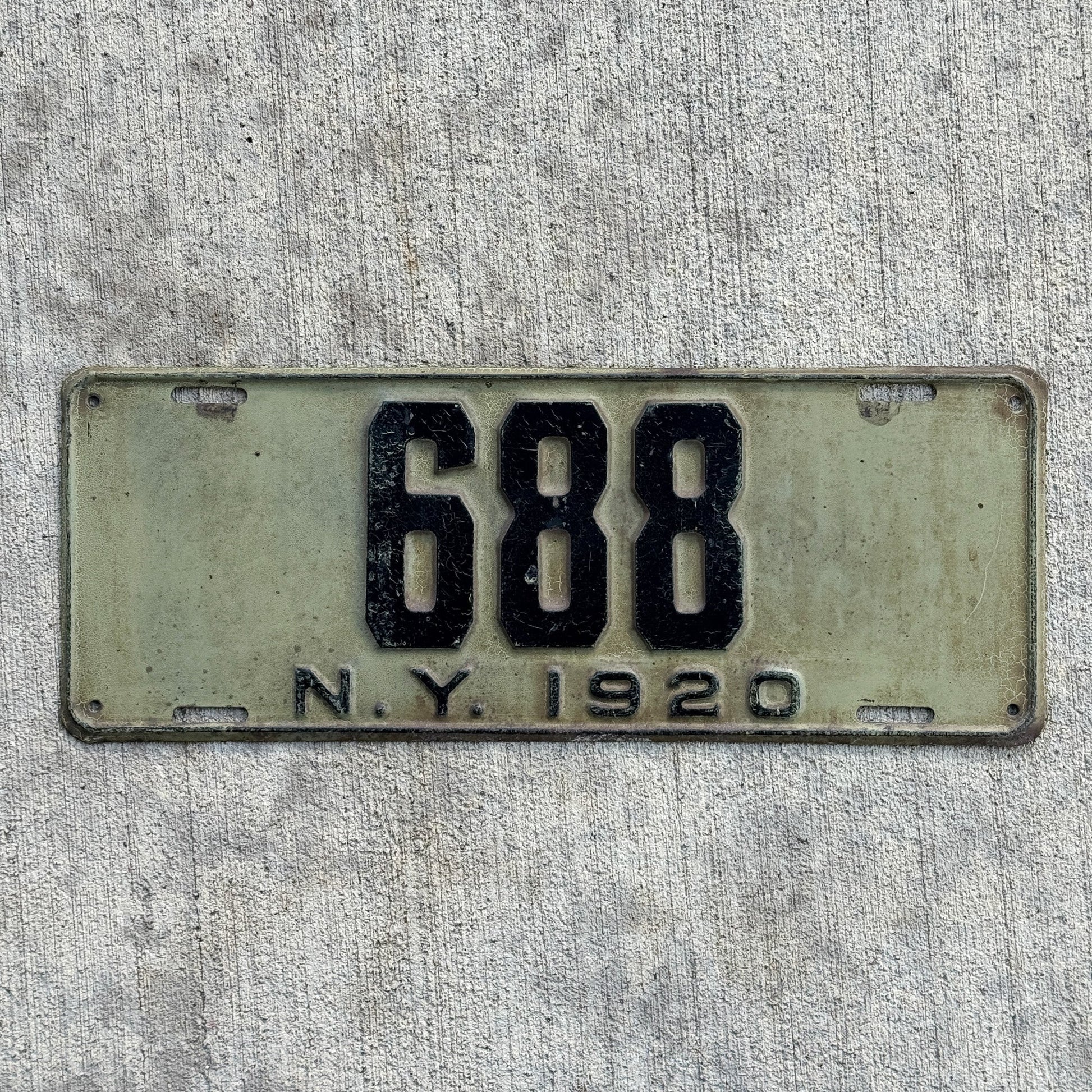 Photo of a 1920 New York License Plate Auto Tag Garage Decor Vintage Low Number Three Digit 688 with original patina