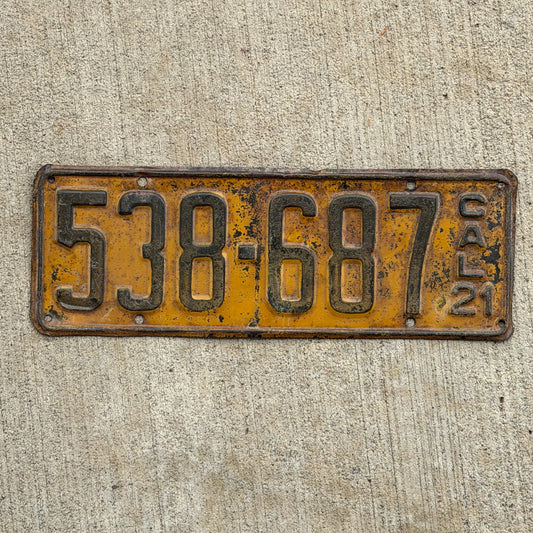 Photo of a 1921 California License Plate Auto Tag Garage Decor Vintage 538 687 with original patina