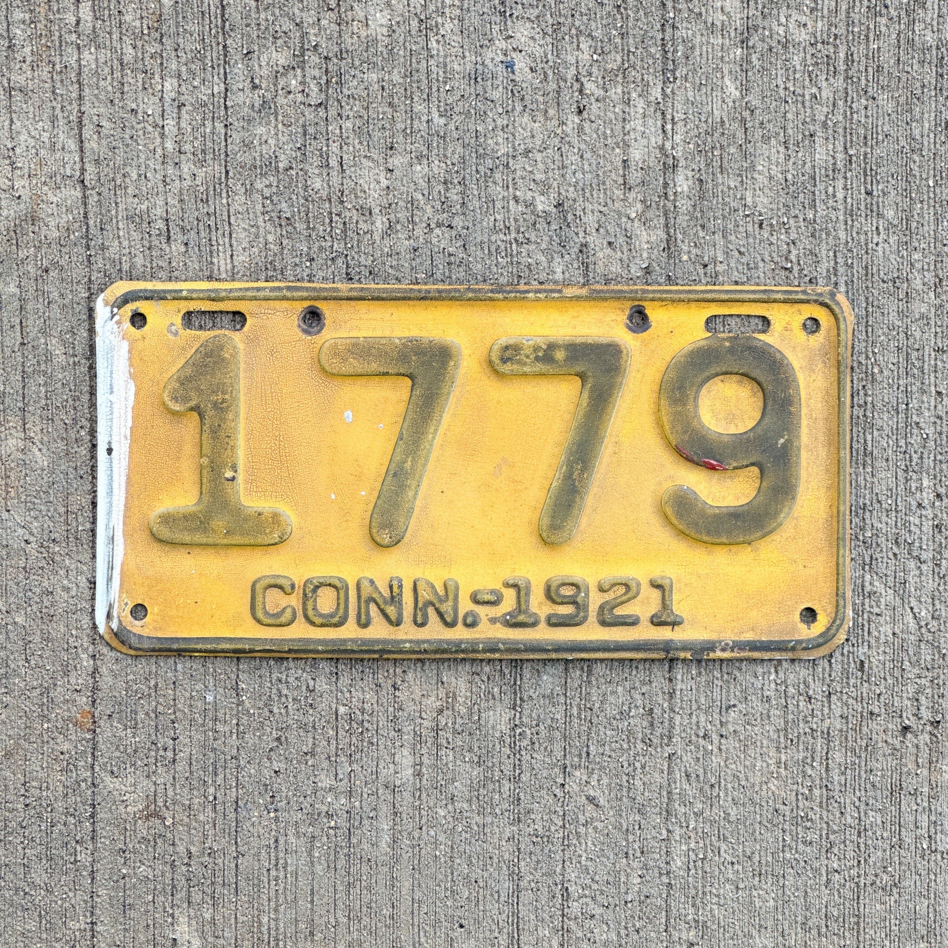 Photo of a 1921 Connecticut Motorcycle Side Car License Plate Auto Tag 2 Vintage Garage 1779 with original patina