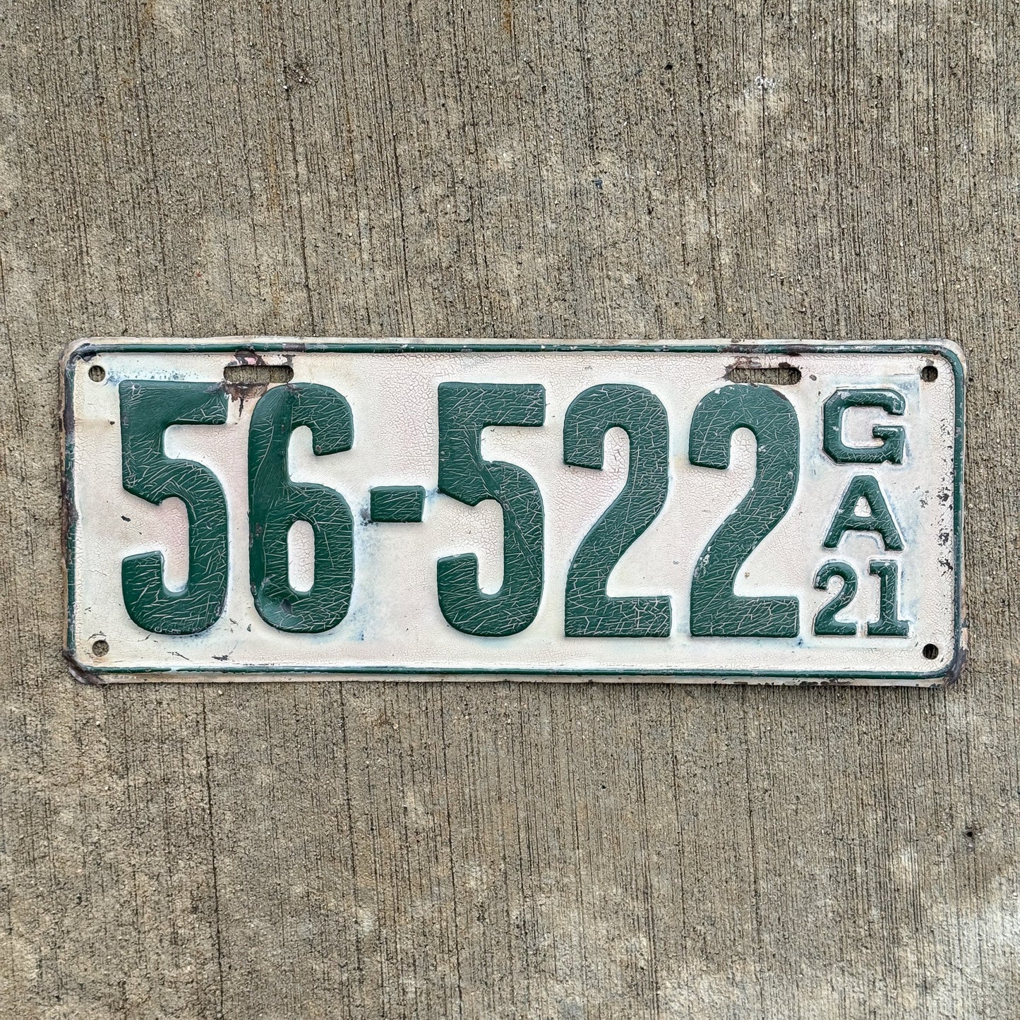 Photo of a 1921 Georgia License Plate Auto Tag Garage Decor Vintage Good Paint Quality 56 522 with original patina