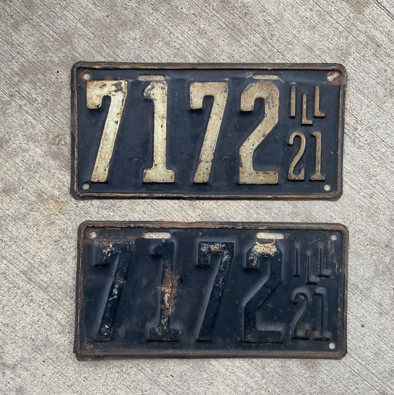 Photo of a 1921 Illinois License Plate Pair Auto Tag Garage Decor Vintage Low Number Four Digit 7172 with original patina