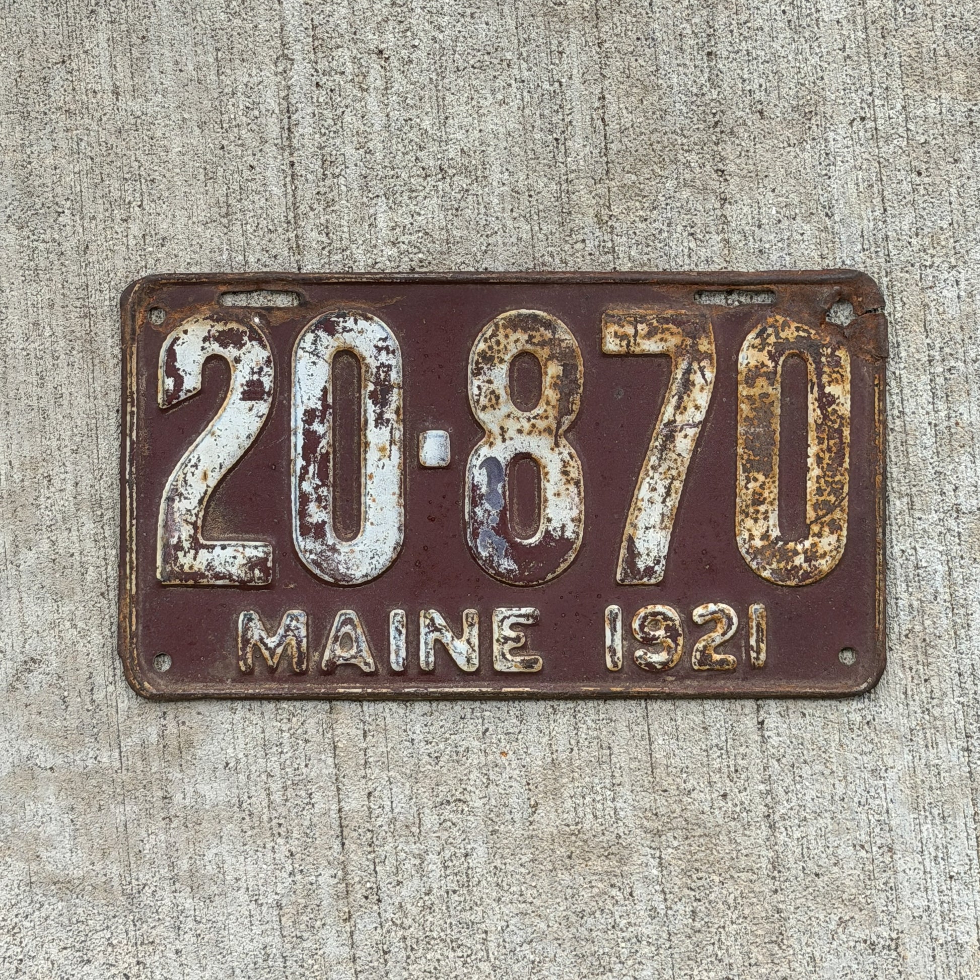 Photo of a 1921 Maine License Plate Auto Tag Garage Decor Vintage 20 870 with original patina