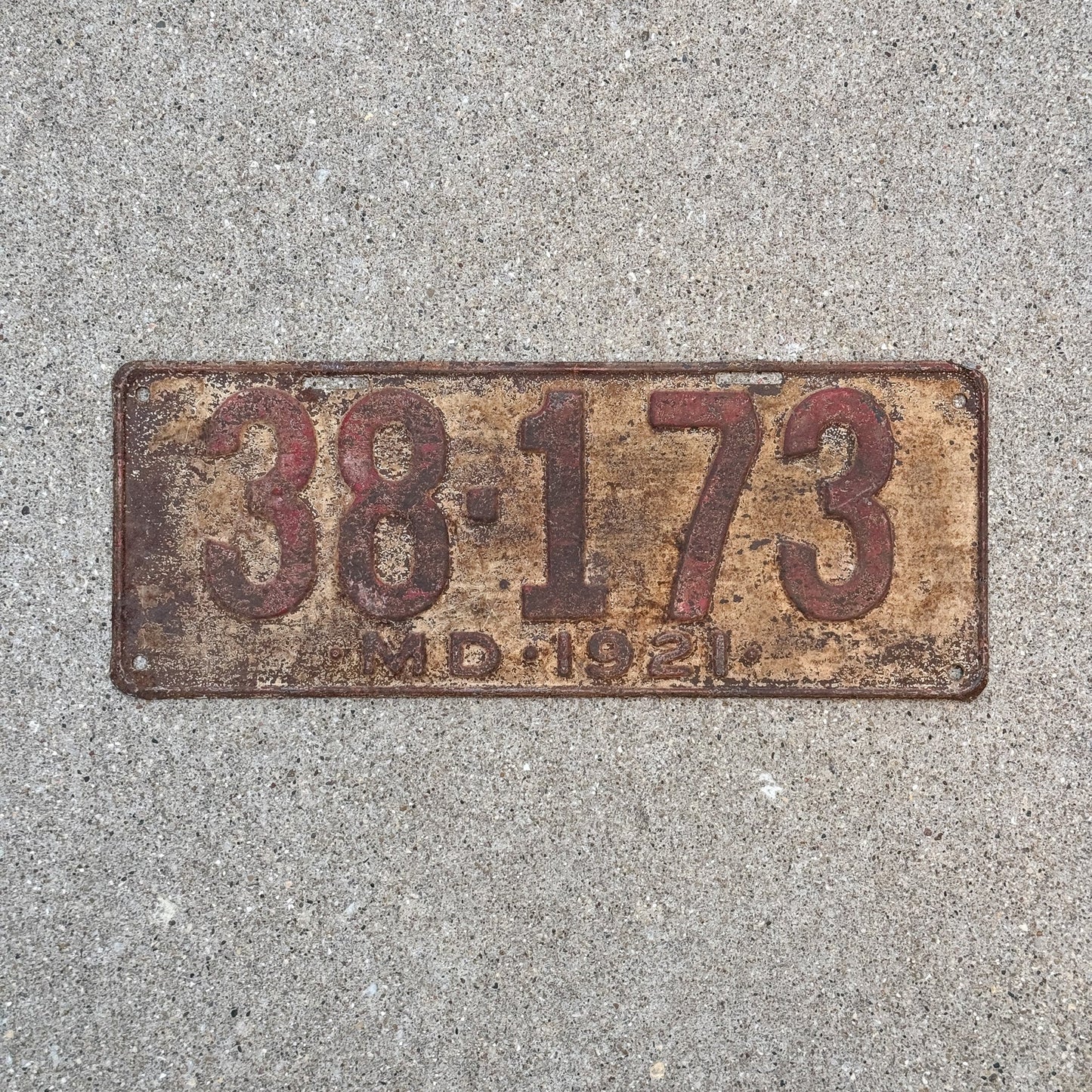 Photo of a 1921 Maryland License Plate Auto Tag Garage Decor Vintage 38 173 with original patina