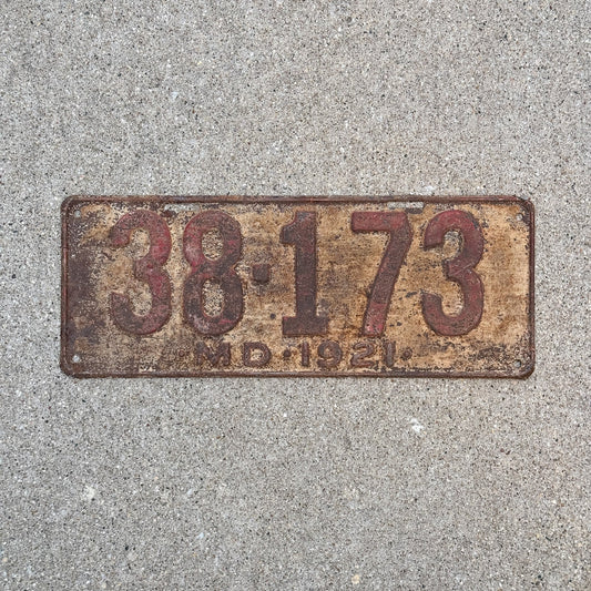 Photo of a 1921 Maryland License Plate Auto Tag Garage Decor Vintage 38 173 with original patina