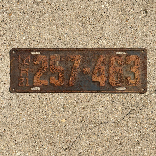 Photo of a 1921 Michigan License Plate Auto Tag Garage Decor Vintage 257 463 with original patina