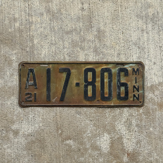 Photo of a 1921 Minnesota License Plate Auto Tag Garage Decor Vintage A 17 806 with original patina