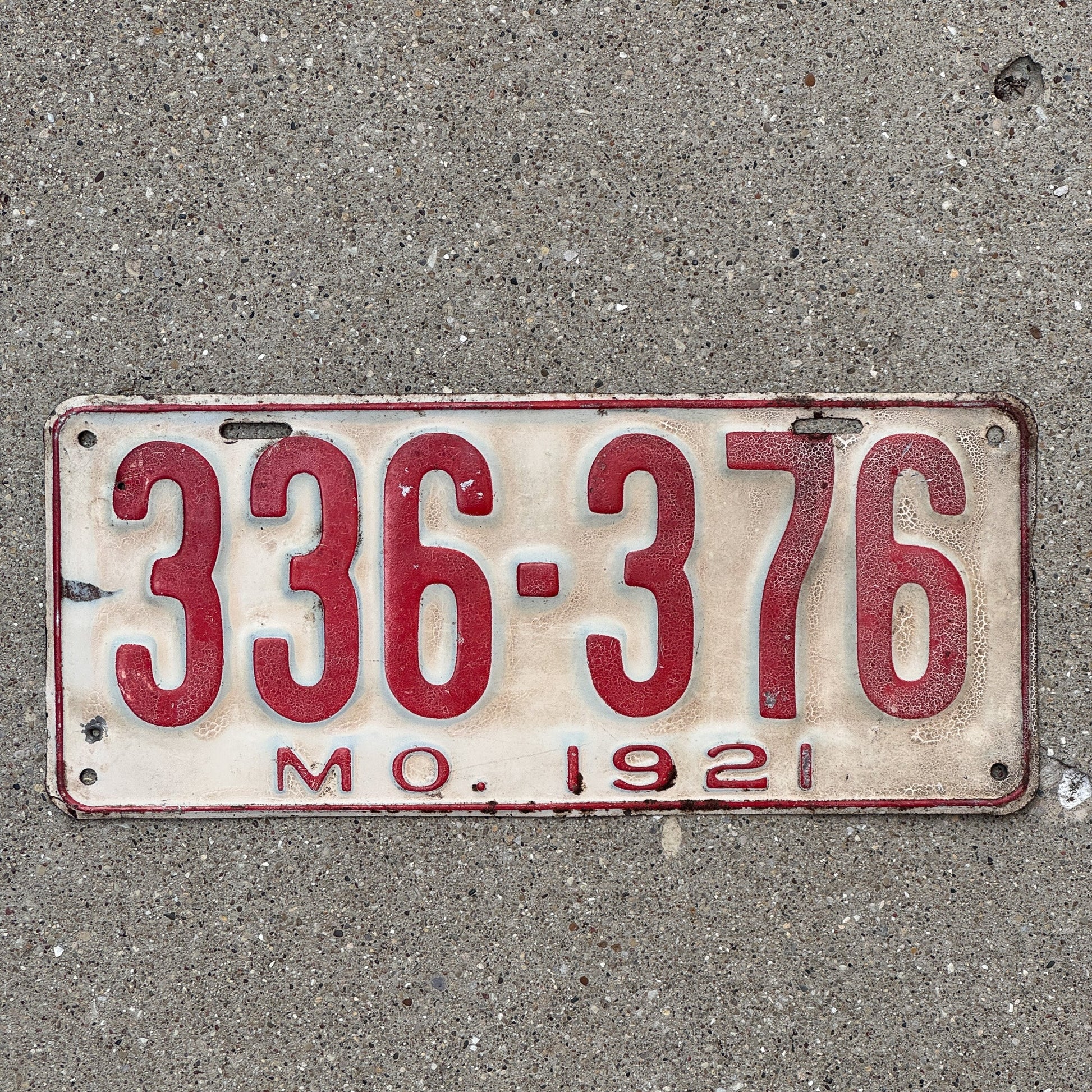 Photo of a 1921 Missouri License Plate Auto Tag Garage Decor Vintage 336 376 with original patina