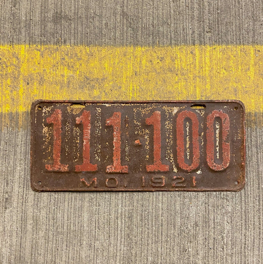 Photo of a 1921 Missouri License Plate Auto Tag Garage Decor Vintage Great Number Full House 111100 with original patina