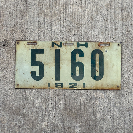 Photo of a 1921 New Hampshire License Plate Auto Tag 1 Garage Decor Low Number Four Digit 5160 with original patina