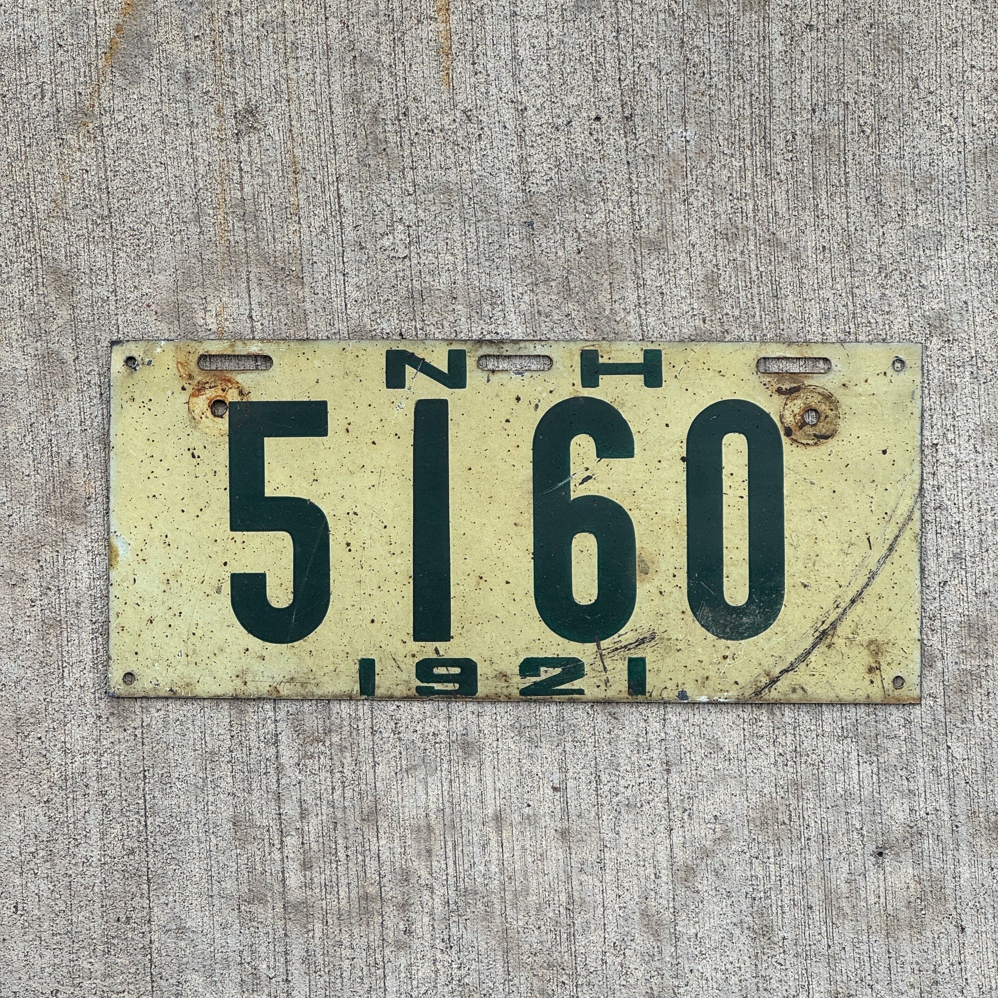 Photo of a 1921 New Hampshire License Plate Auto Tag 2 Garage Decor Low Number Four Digit 5160 with original patina