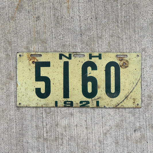 Photo of a 1921 New Hampshire License Plate Auto Tag 2 Garage Decor Low Number Four Digit 5160 with original patina