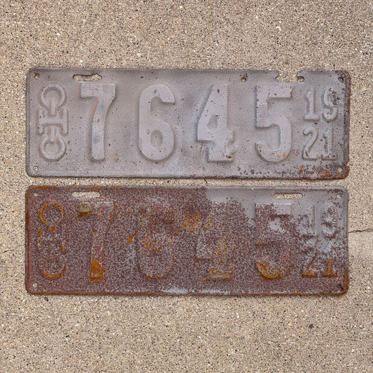 Photo of a 1921 Ohio License Plate Auto Tag Garage Decor Vintage Four Digit 7645
