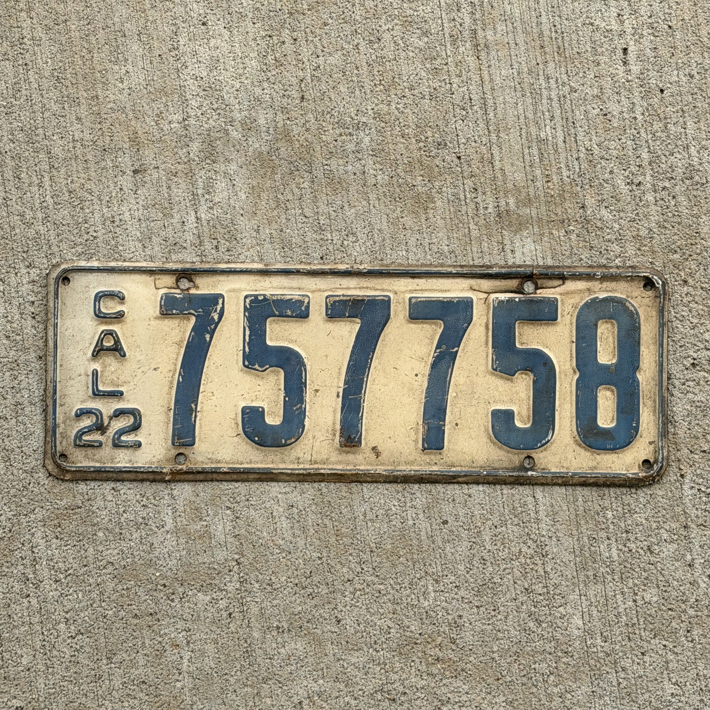 Photo of a 1922 California License Plate Auto Tag Garage Decor Vintage 757758 with original patina