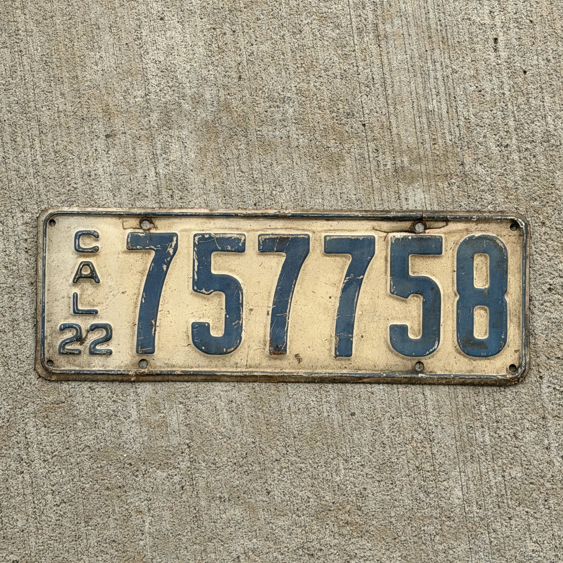 Photo of a 1922 California License Plate Auto Tag Garage Decor Vintage 757758 with original patina