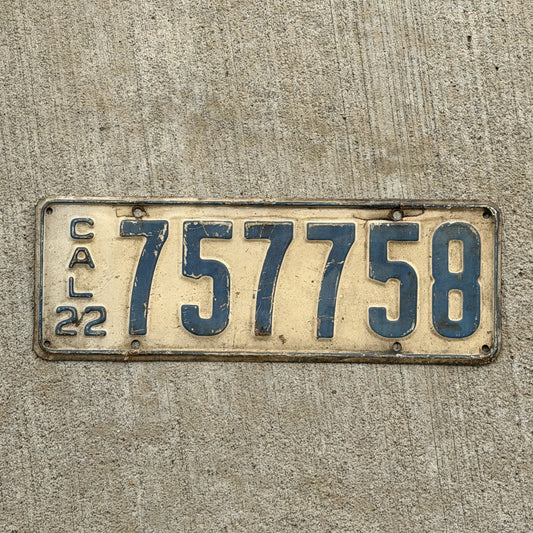 Photo of a 1922 California License Plate Auto Tag Garage Decor Vintage 757758 with original patina
