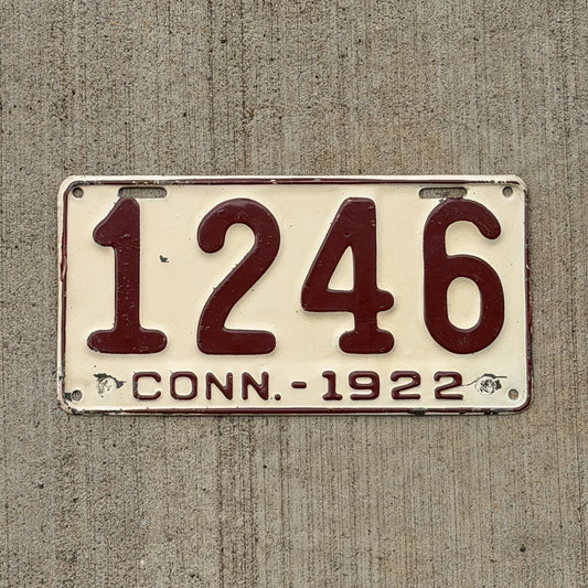 Photo of a 1922 Connecticut License Plate Auto Tag Garage Decor Vintage Low Number Four Digit 1246 with original patina
