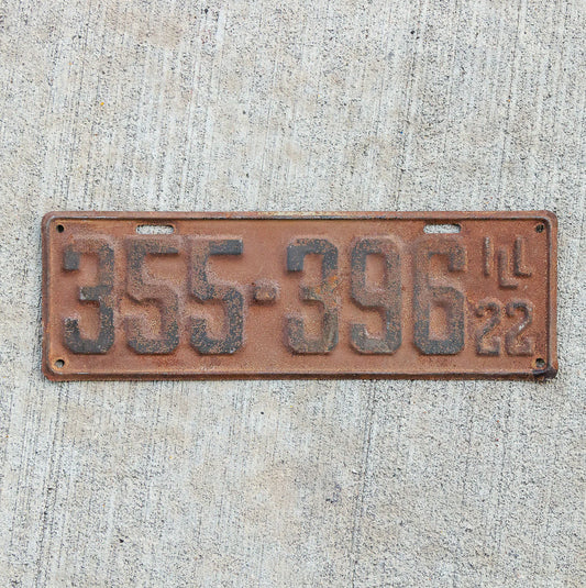 Photo of a 1922 Illinois License Plate Auto Tag Garage Decor Vintage 355 396 with original patina