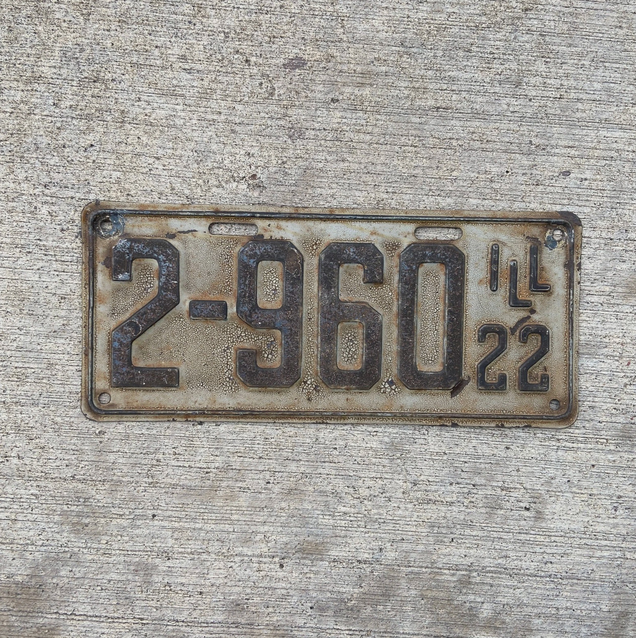 Photo of a 1922 Illinois License Plate Auto Tag Garage Decor Vintage Low Number Four Digit 2960 with original patina