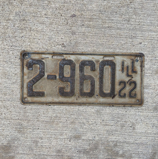 Photo of a 1922 Illinois License Plate Auto Tag Garage Decor Vintage Low Number Four Digit 2960 with original patina
