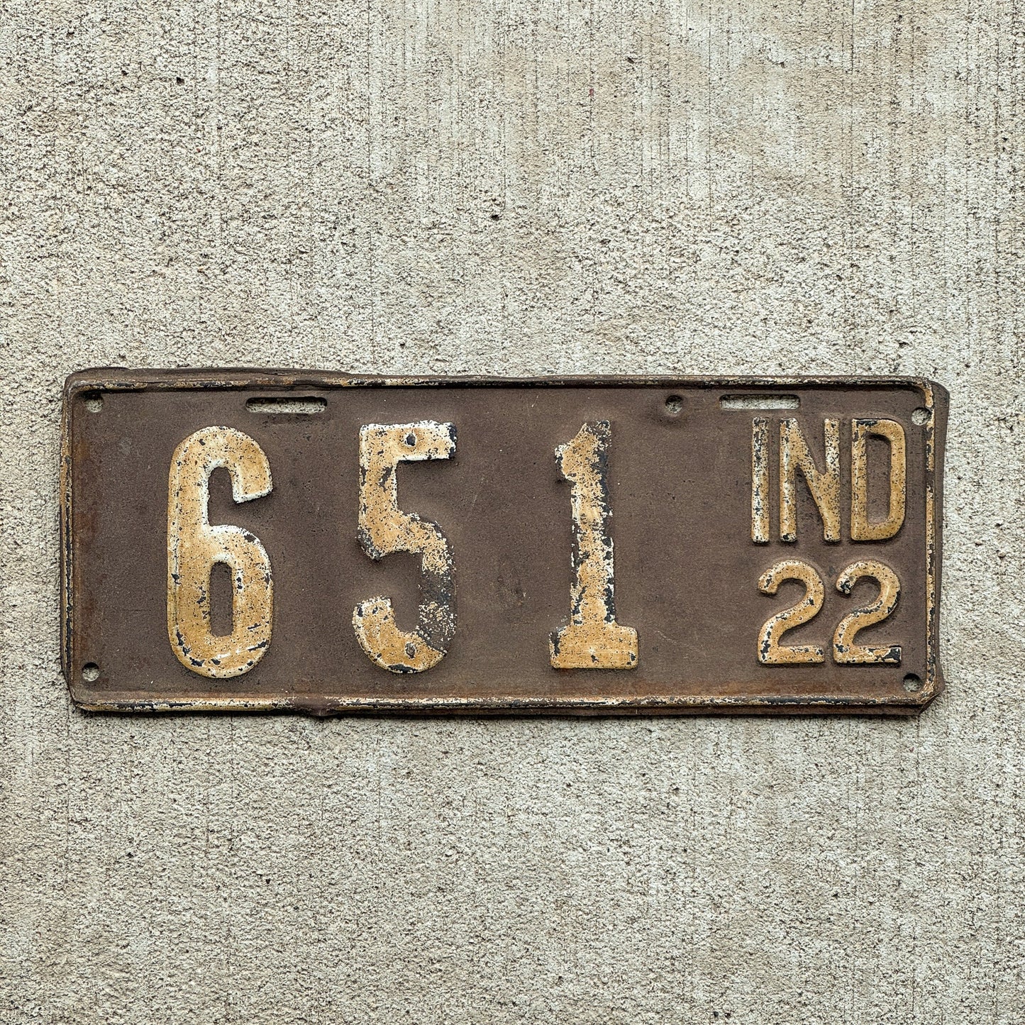 Photo of a 1922 Indiana License Plate Auto Tag Garage Decor Vintage Low Number Three Digit 651