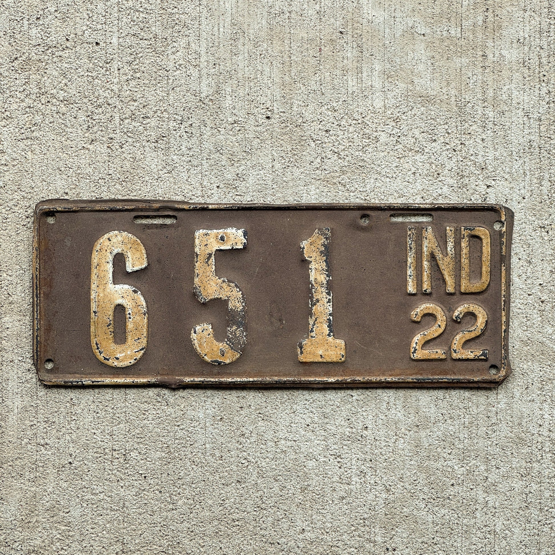 Photo of a 1922 Indiana License Plate Auto Tag Garage Decor Vintage Low Number Three Digit 651