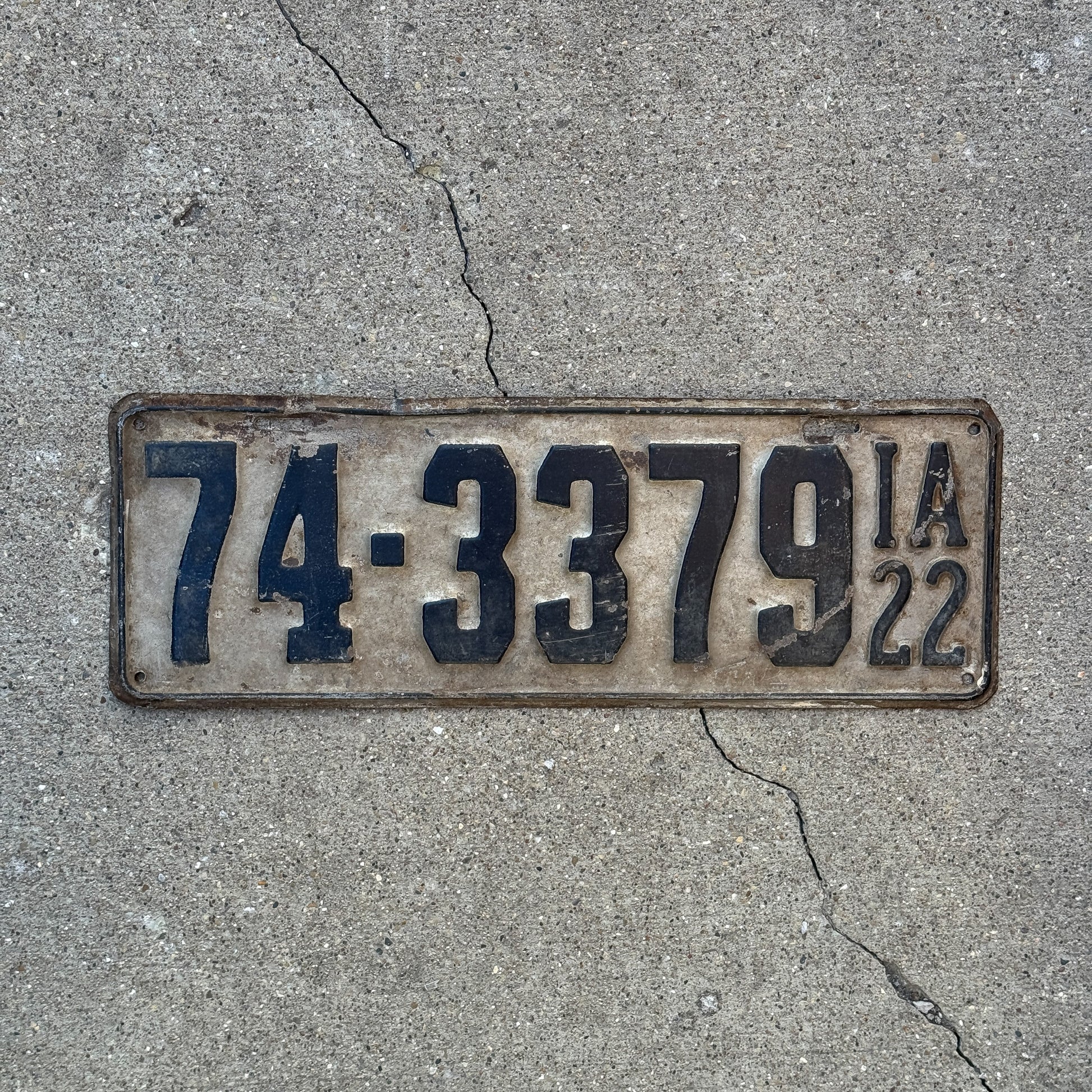 Photo of a 1922 Iowa License Plate Auto Tag Garage Decor Vintage 74 3379 with original patina