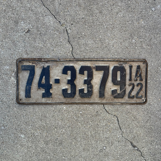 Photo of a 1922 Iowa License Plate Auto Tag Garage Decor Vintage 74 3379 with original patina