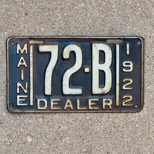 Photo of a 1922 Maine Dealer License Plate Auto Tag Garage Decor Vintage Low Number Two Digit 72 B with original patina