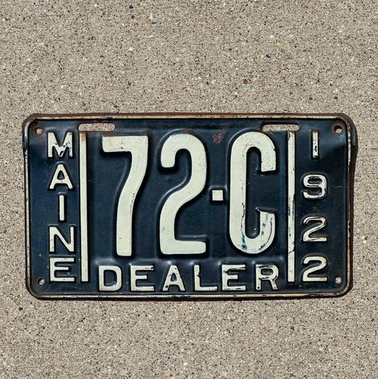 Photo of a 1922 Maine Dealer License Plate Auto Tag Garage Decor Vintage Low Number Two Digit 72 C with original patina