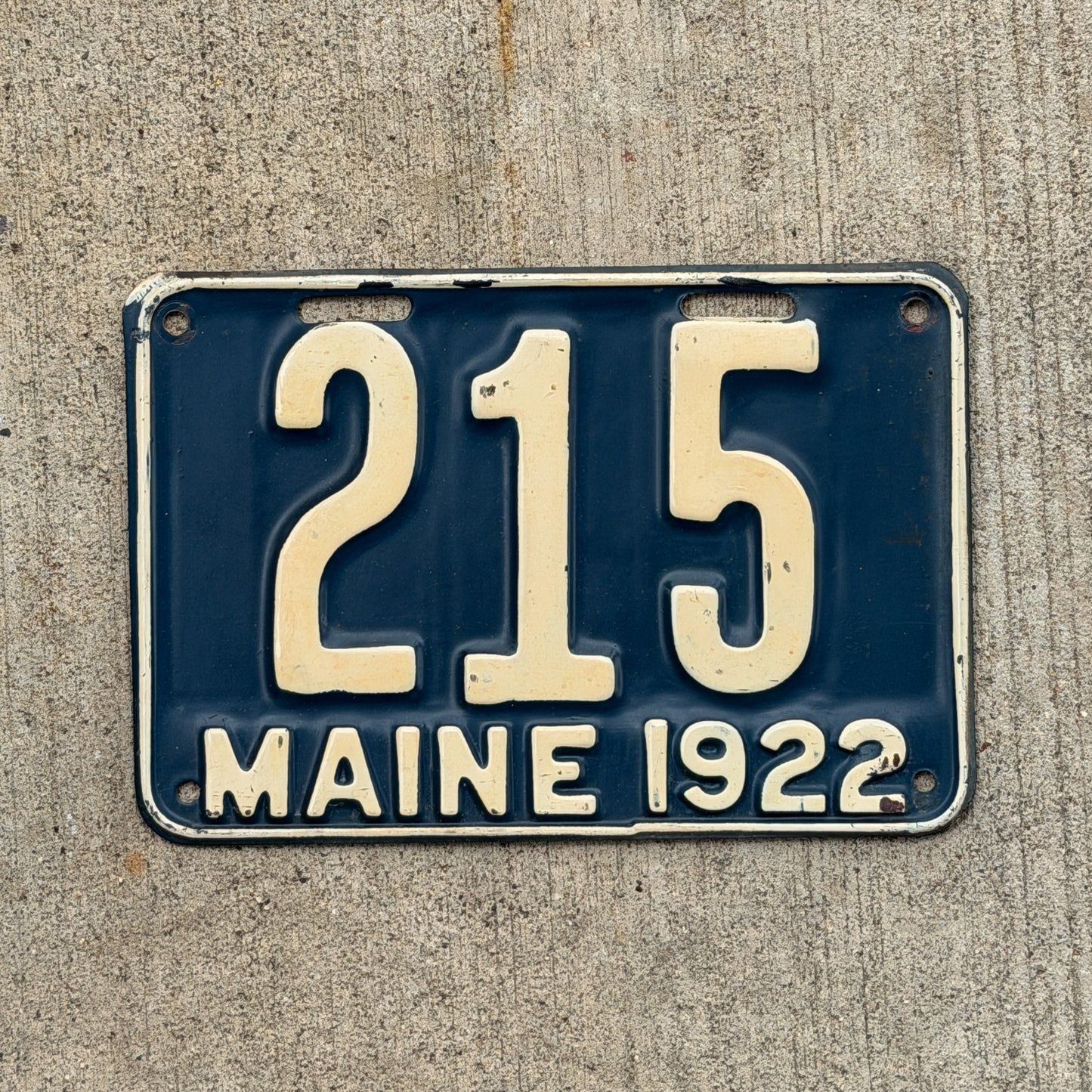 Photo of a 1922 Maine License Plate Auto Tag Garage Decor Vintage Low Number Three Digit 215 with original patina