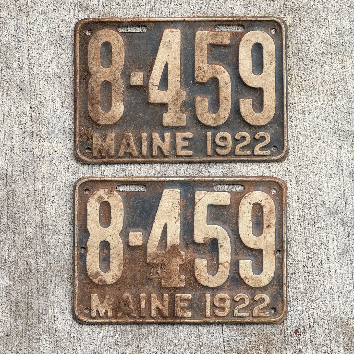 Photo of a 1922 Maine License Plate Pair Auto Tag Garage Decor Vintage Low Number Four Digit 8 459 with original patina