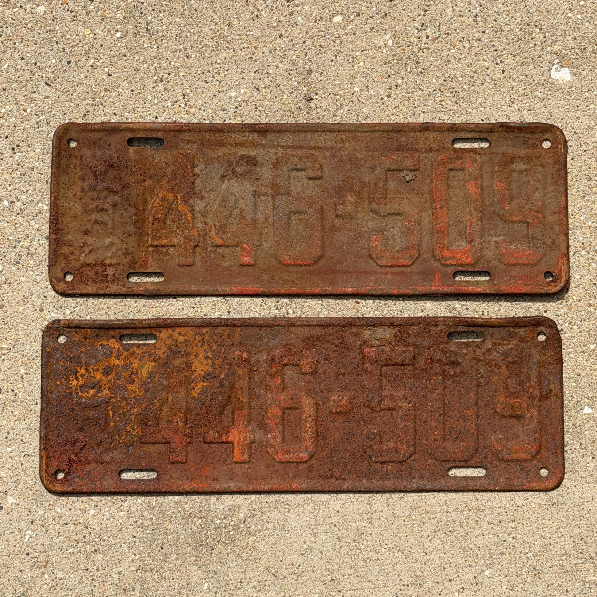Photo of a 1922 Michigan License Plate Pair Auto Tag Garage Decor Vintage 446 509 with original patina