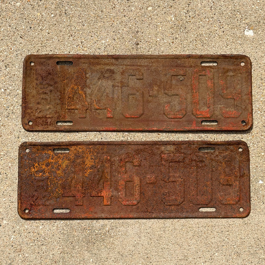 Photo of a 1922 Michigan License Plate Pair Auto Tag Garage Decor Vintage 446 509 with original patina