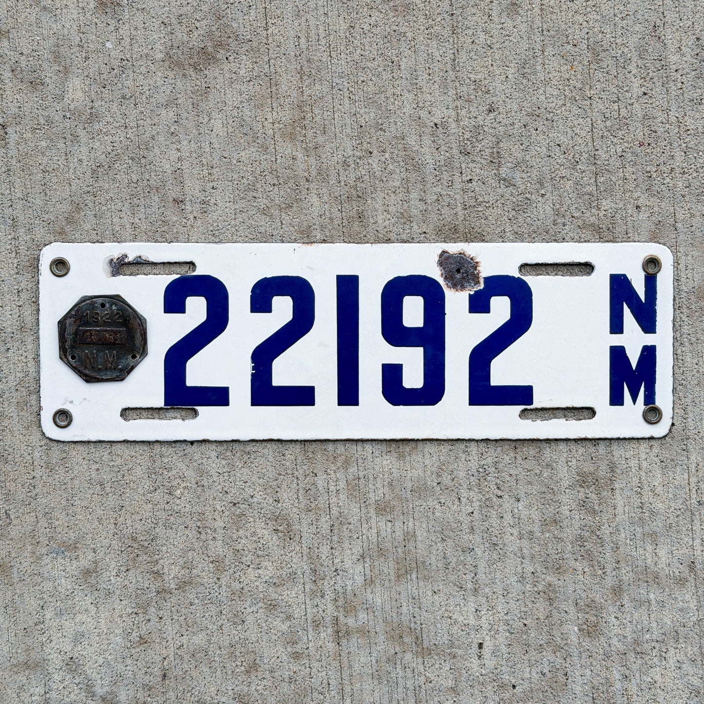 Photo of a 1922 New Mexico Porcelain License Plate Auto Tag Garage Decor Vintage Octagon Tab High Quality 22192 with original patina