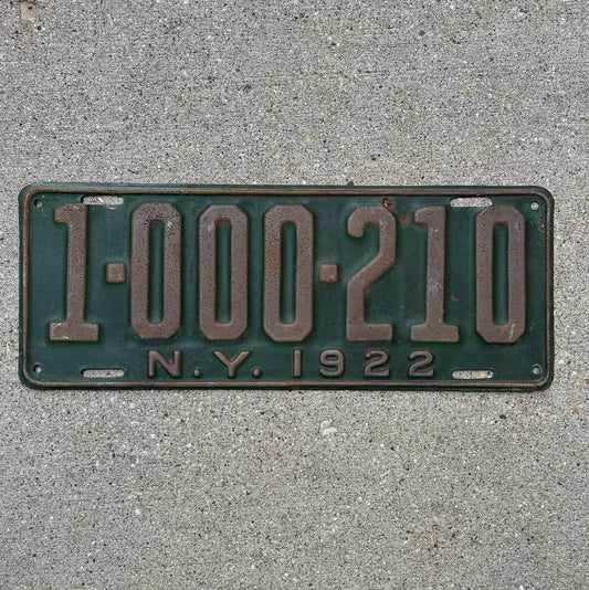 Photo of a 1922 New York License Plate Auto Tag Garage Decor Vintage Nice Number 1 000 210 with original patina
