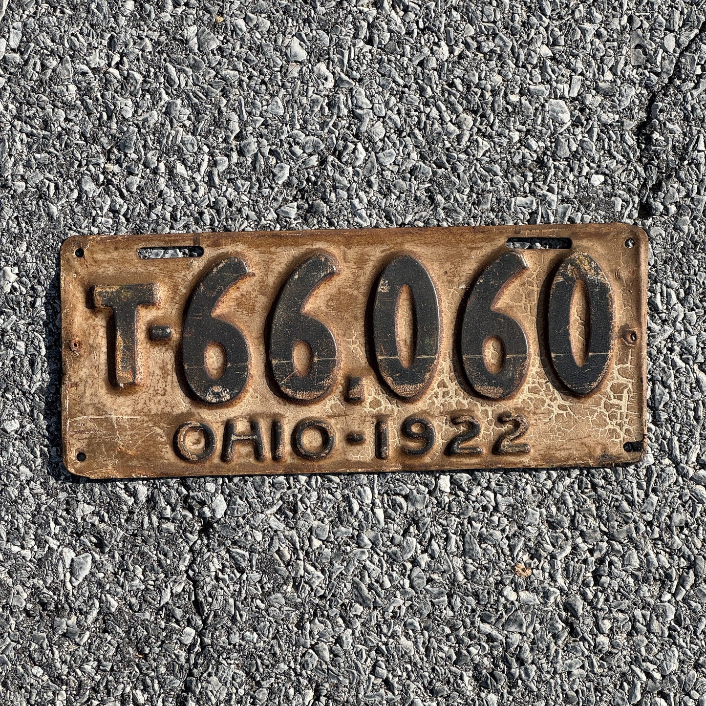 Photo of a 1922 Ohio Truck License Plate Auto Tag Garage Decor Vintage Fun Number T 66060
