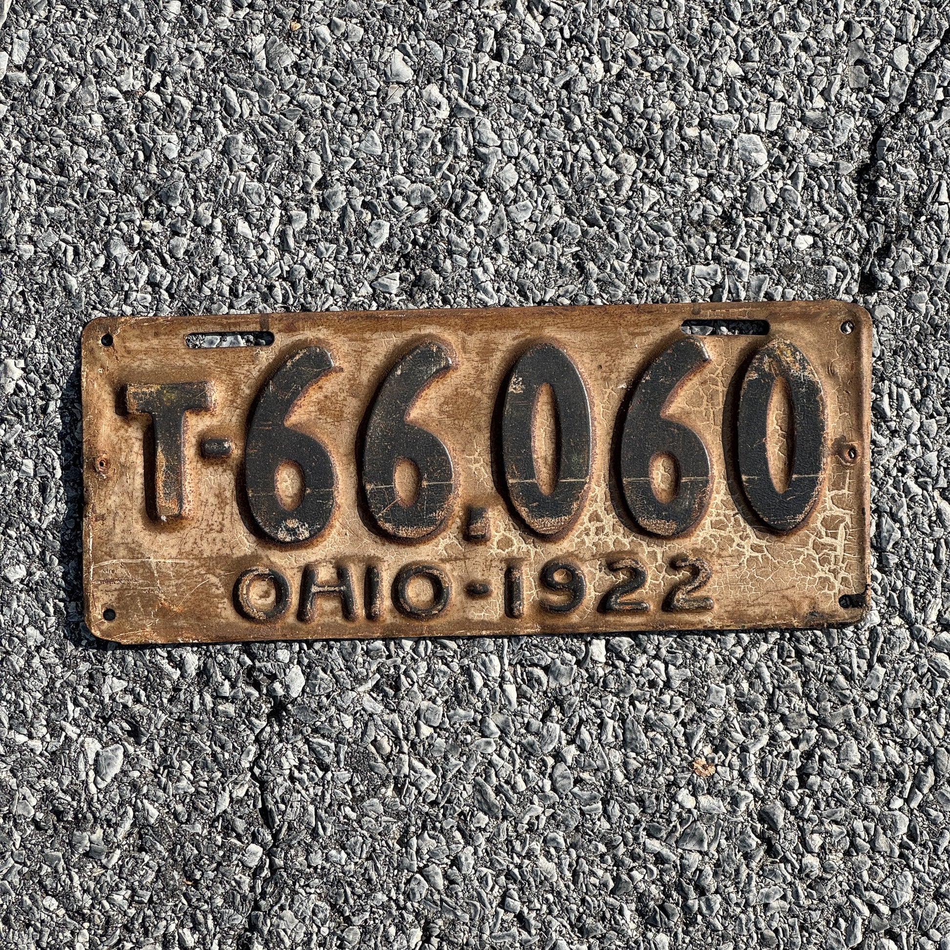 Photo of a 1922 Ohio Truck License Plate Auto Tag Garage Decor Vintage Fun Number T 66060