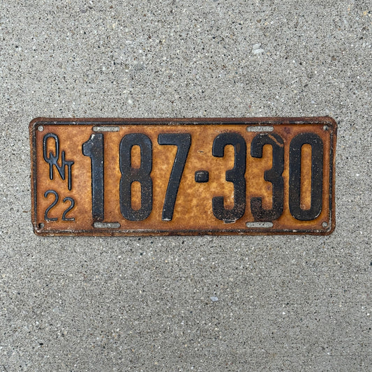 Photo of a 1922 Ontario License Plate Auto Tag Garage Decor Vintage 187 330 with original patina