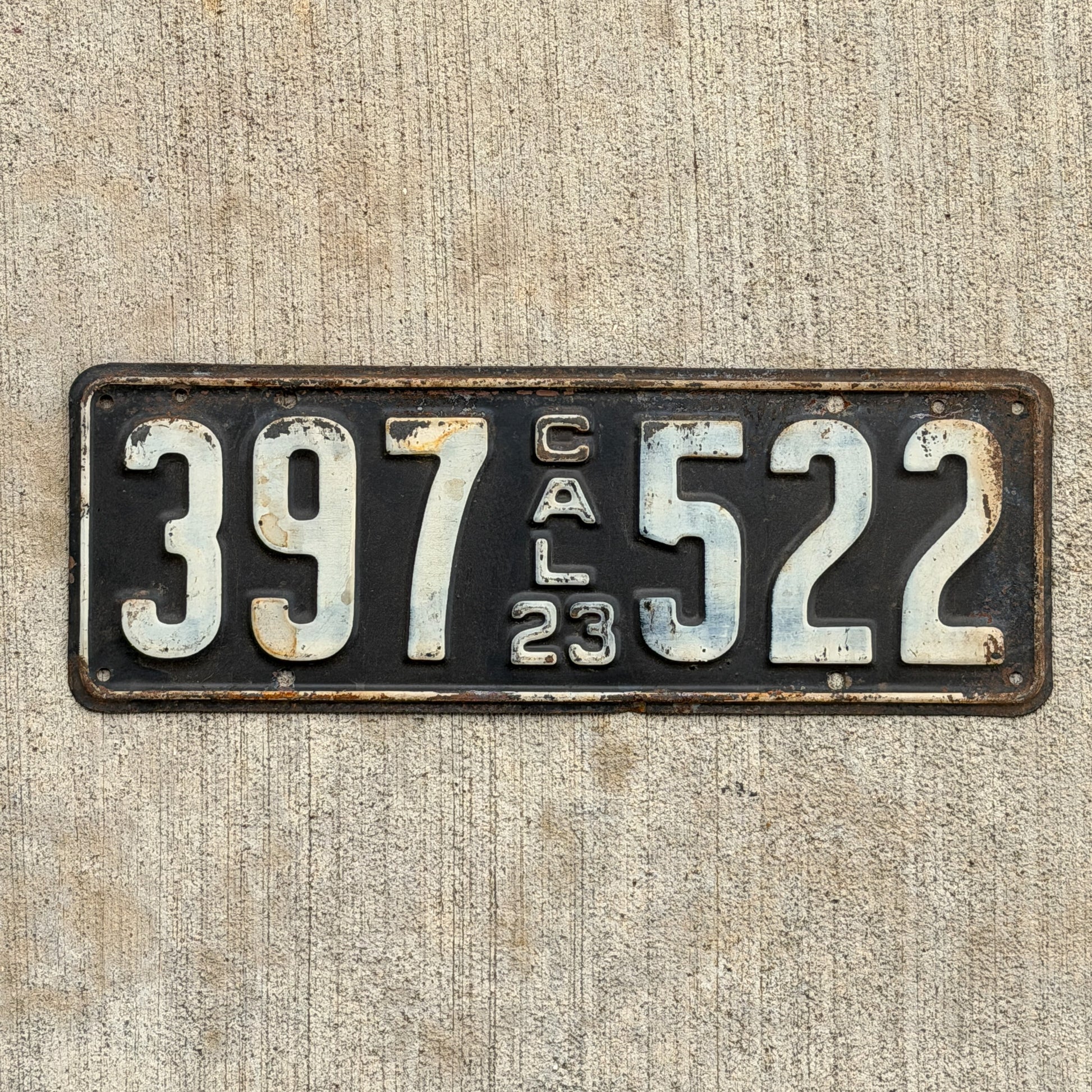 Photo of a 1923 California License Plate Auto Tag Garage Decor Vintage 397 522 with original patina