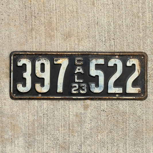 Photo of a 1923 California License Plate Auto Tag Garage Decor Vintage 397 522 with original patina