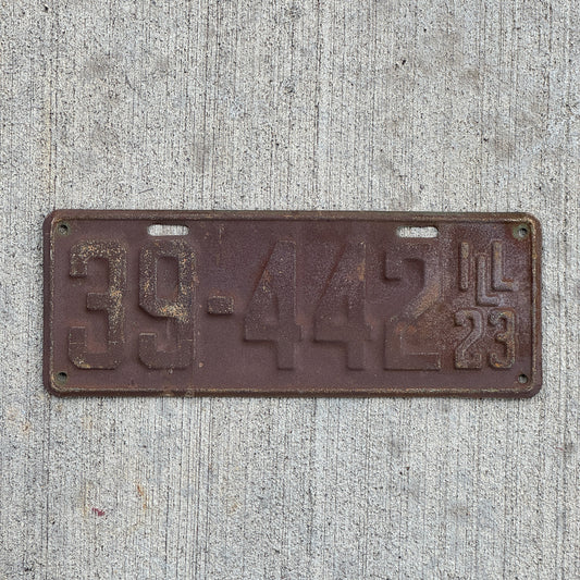Photo of a 1923 Illinois License Plate Auto Tag Garage Decor Vintage 39 442 with original patina